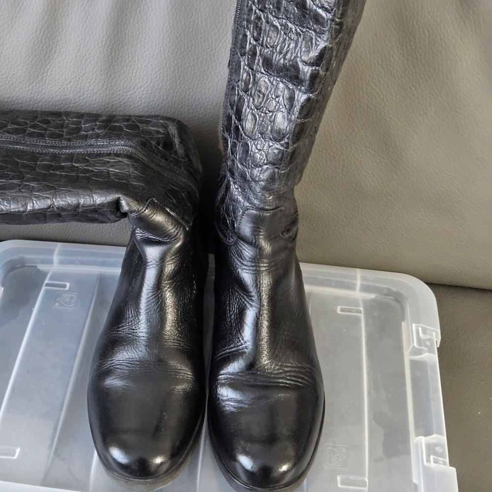 CLARKS Hopedale Wish Croc Embossed Black Leather Riding Knee High Boots